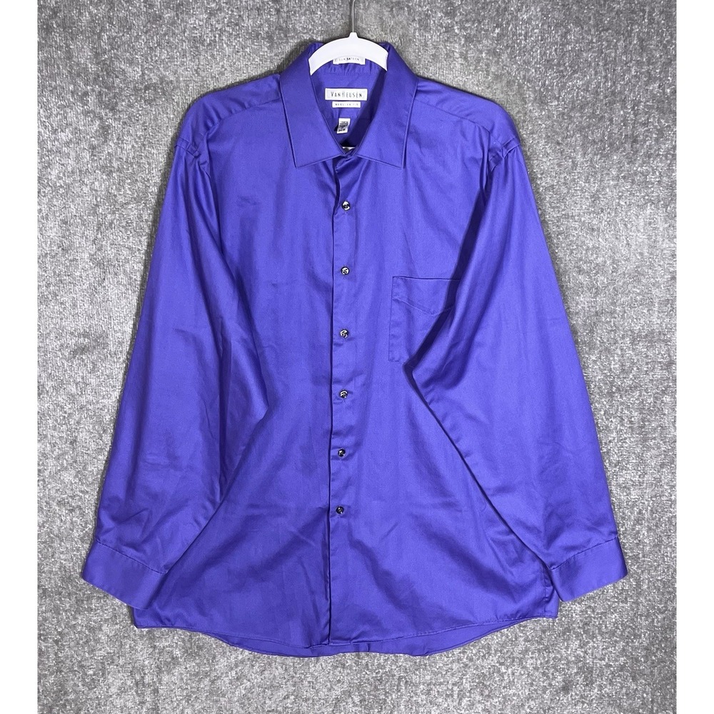Van Heusen Lux Sateen Dress Shirt Mens Size 17‎ 34/35 Purple Regular Fit Pocket